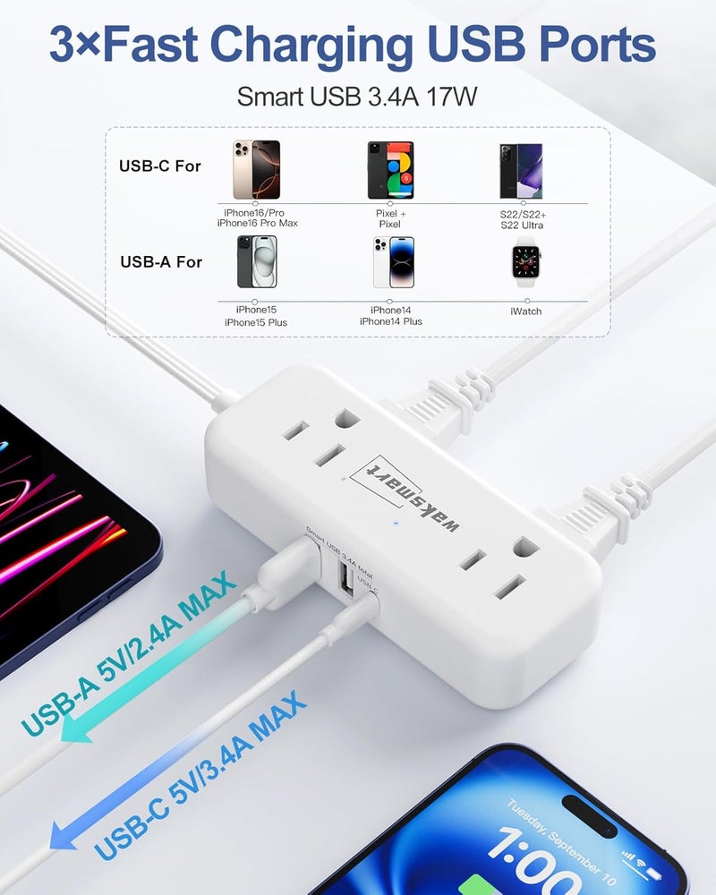 Waksmart سلك تمديد مسطح 6 أقدام - 4 مآخذ كهربائية و 3 منافذ USB (5V/3.4A 17W) ، شريط طاقة مسطح مدمج للجامعة والسفر والرحلات البحرية والمنزل والمكتب - Image 3